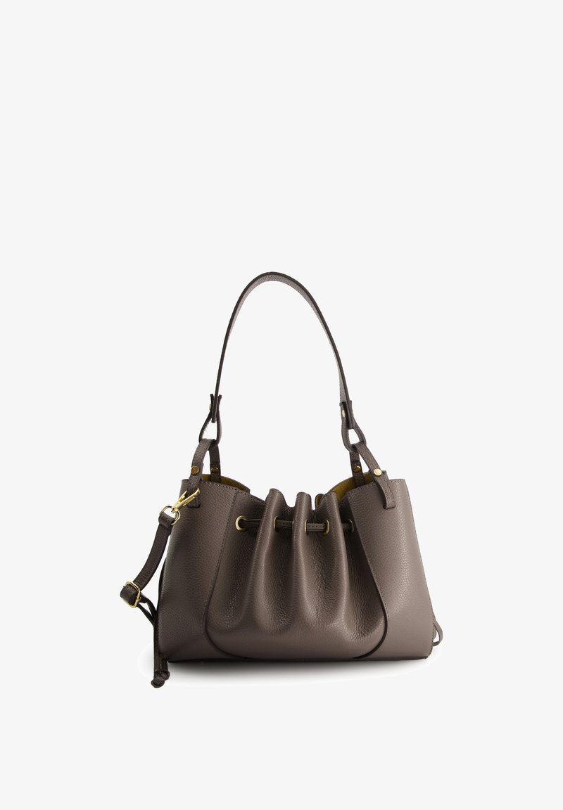 Brown textured leather handbag with a drawstring closure, pleated design, dual short handles, and an adjustable shoulder strap.