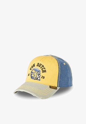 Casquette de baseball avec devant jaune, côtés bleus, visière grise usée et tête de mort brodée avec casque et texte « Von Dutch ».
