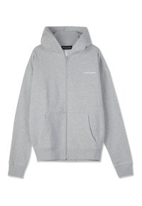 Gray zip-up hoodie made of soft fabric. Features a hood, front pockets, and ribbed cuffs. Logo printed on the chest. Simple design.