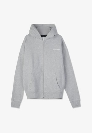 Sweat à capuche gris zippé en tissu doux. Comprend une capuche, des poches avant et des poignets côtelés. Logo imprimé sur la poitrine. Design simple.