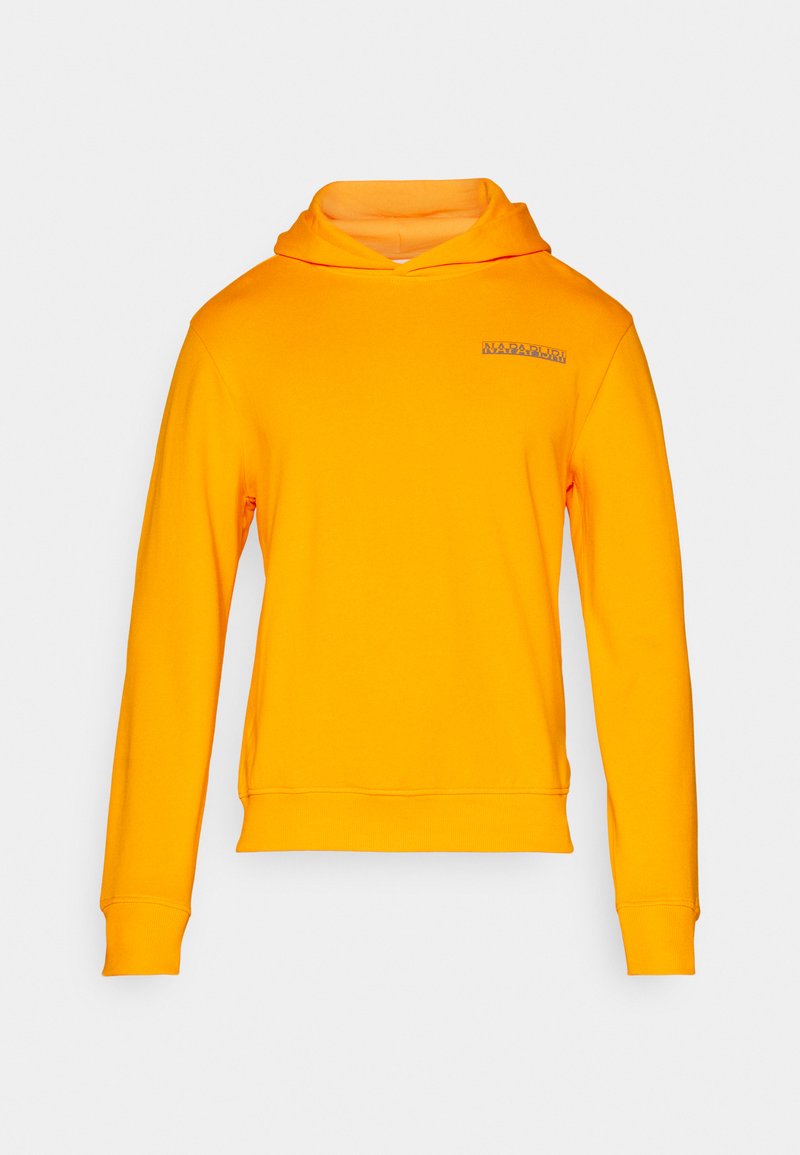 Gelber Kapuzenpullover mit langen Ärmeln, gerippten Bündchen und Saum. Mit kleinem Logo auf der Brust. Aus weichem Material gefertigt.