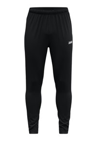 Schwarze Sporthose mit schmalem Schnitt, elastischem Bund und weißem JAKO-Logo auf der linken Seite. Hergestellt aus glattem, leichtem Material.