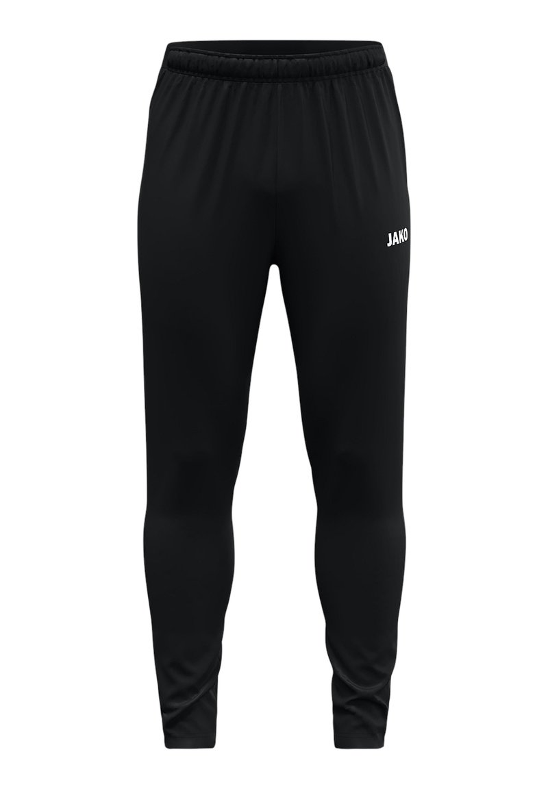 Schwarze Sporthose mit schmalem Schnitt, elastischem Bund und weißem JAKO-Logo auf der linken Seite. Hergestellt aus glattem, leichtem Material.