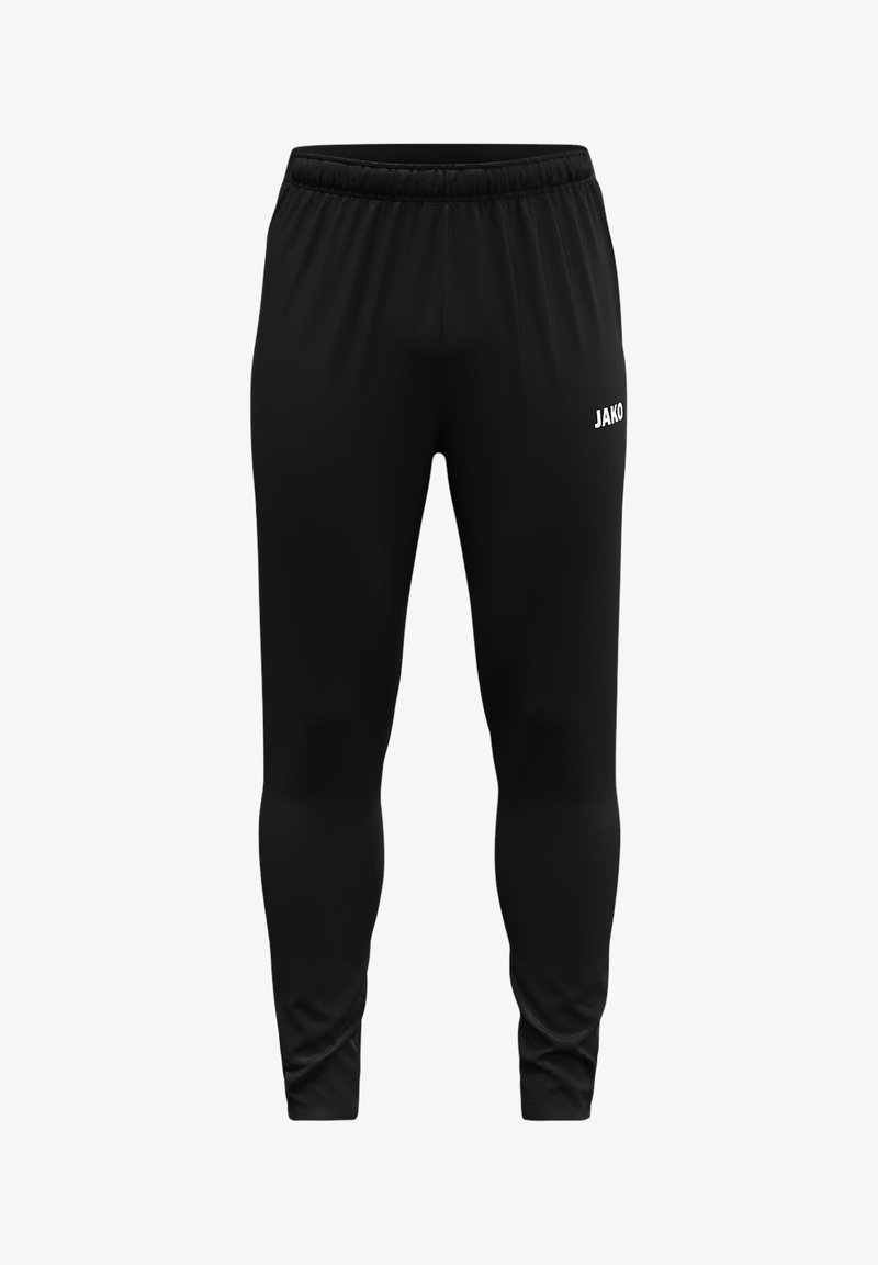 Schwarze Sporthose mit schmalem Schnitt, elastischem Bund und weißem JAKO-Logo auf der linken Seite. Hergestellt aus glattem, leichtem Material.