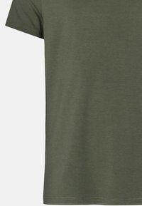 Dunkelgrünes T-Shirt mit kurzen Ärmeln, aus Baumwolle, mit einem lässigen Schnitt, rundem Halsausschnitt und glatter Textur mit subtilem meliertem Muster.