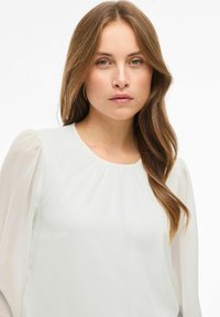 Blusa chiara con maniche lunghe e trasparenti, scollatura arrotondata e dettagli arricciati sulla spalla, caratterizzata da una texture morbida e liscia.