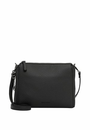 Sac en cuir noir texturé à bandoulière avec fermeture éclair et sangle ajustable, mettant en avant un branding embossé subtil sur le devant.