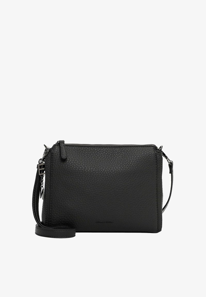 Borsa a tracolla in pelle nera texturizzata con chiusura a zip e tracolla regolabile, caratterizzata da un sottile marchio in rilievo sul davanti.
