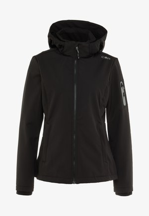 Black softshell jacket with a high collar, zip closure, two side pockets, and a left arm zip pocket. Features smooth fabric and minimal design.