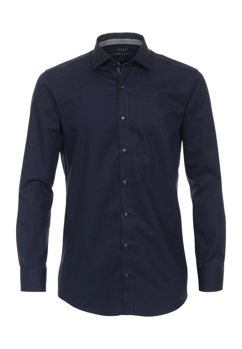 Navyblaues Langarmhemd aus glattem Stoff mit durchgehender Knopfleiste, kontrastierend gemustertem Innenkragen und traditionellem Manschettendesign.