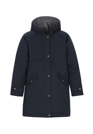 Marineblauwe, knielange jas met een capuchon, voorzien van een ritssluiting aan de voorkant, drukknoopsluiting, en twee grote voorzakken. Glad, waterafstotend materiaal.