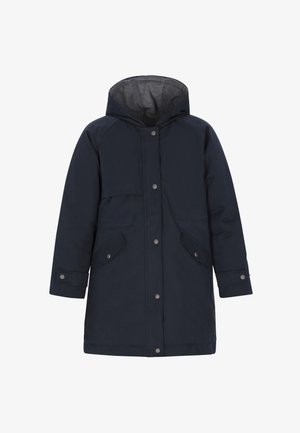 Sötétkék, térd alá érő kabát kapucnival, elöl cipzárral, patentgombokkal és két nagy elülső zsebből áll. Simább, vízálló anyag.