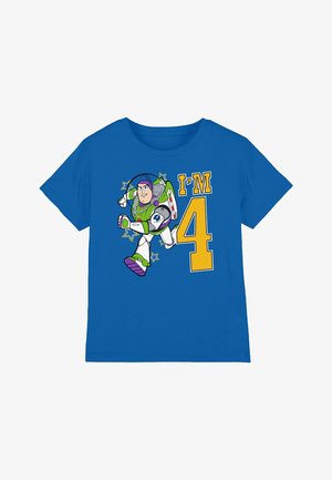 Blue cotton t-shirt featuring a graphic of a space-themed character, with the text "I'M 4" in yellow, and colorful star accents.