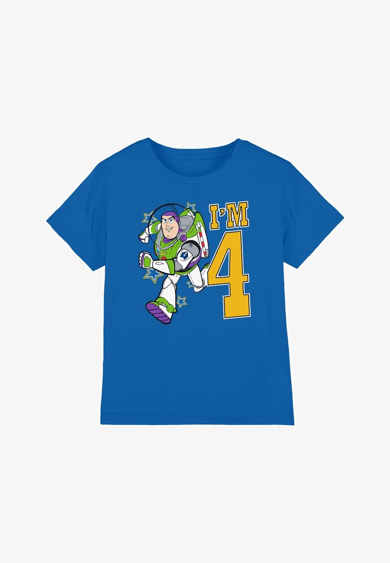 Blue cotton t-shirt featuring a graphic of a space-themed character, with the text "I'M 4" in yellow, and colorful star accents.