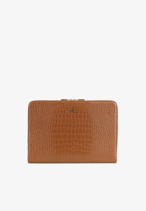 Portafoglio in pelle marrone con texture coccodrillo e logo Wittchen dorato sulla parte anteriore, forma rettangolare con chiusura con cerniera in alto.