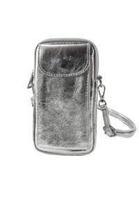 Zilver metallic crossbodytas met ritssluiting, voorvak met klep en verstelbare band. Gestructureerd oppervlak met een strak ontwerp.
