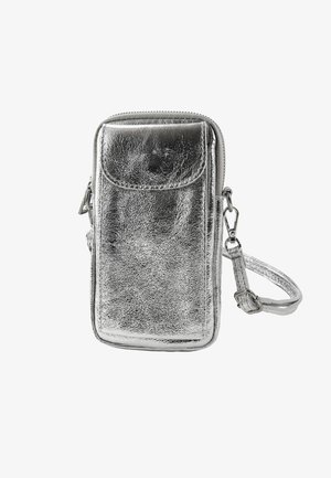 Zilver metallic crossbodytas met ritssluiting, voorvak met klep en verstelbare band. Gestructureerd oppervlak met een strak ontwerp.