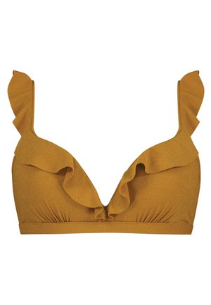 Senfgelber Bikini-Oberteil mit Rüschen-Trägern, strukturiertem Stoff und tiefem Ausschnitt. Details sind gekräuselte Stoffpartien am Saum.