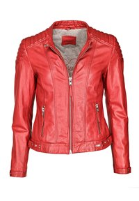 Punainen nahan takki, jossa on ribattu olkapaneeli, vetoketjukiinnitys ja kaksi sivutaskua. Silkkinen pintarakenne ja vartalonmyötäinen muotoilu, jossa on napilla kiinnitettävät yksityiskohdat.