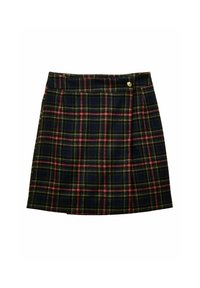 Granatowa spódnica w kratę z zielonymi i czerwonymi liniami, z wyraźnymi plisami i zapięciem na guziki z przodu. Wykonana z miękkiego materiału.