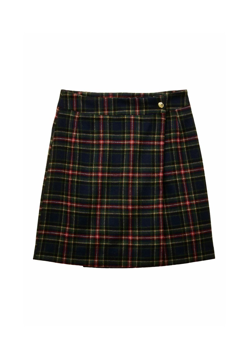 Granatowa spódnica w kratę z zielonymi i czerwonymi liniami, z wyraźnymi plisami i zapięciem na guziki z przodu. Wykonana z miękkiego materiału.