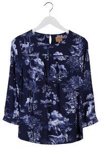 Blusa blu navy con una stampa botanica in tonalità più chiare. Realizzata in tessuto morbido con scollatura rotonda e dettaglio a chiave. Maniche lunghe.