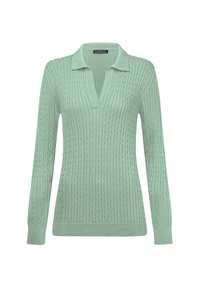 Pull en maille vert menthe avec un col en V. Il présente un motif en relief et des manches longues, terminé par un ourlet ajusté.