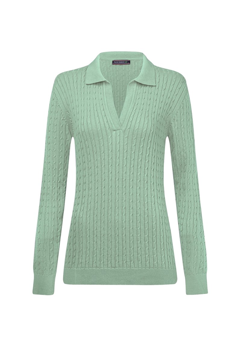 Pull en maille vert menthe avec un col en V. Il présente un motif en relief et des manches longues, terminé par un ourlet ajusté.