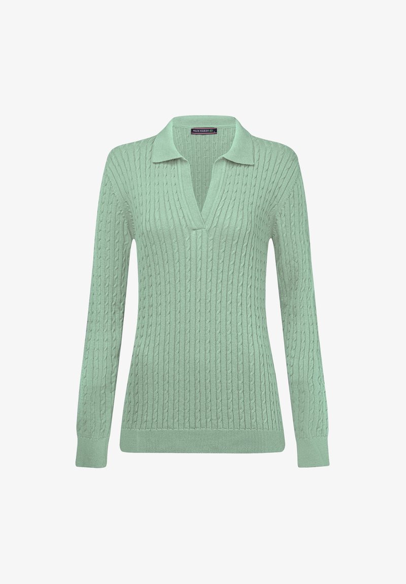 Minzgrüner Strickpullover mit V-Ausschnitt und Kragen. Verfügt über ein strukturiertes Rippmuster und lange Ärmel, abgeschlossen mit einem engen Saum.