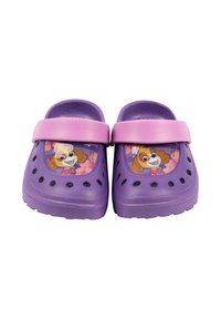 Purple clogs with a pink strap and cut-out holes, featuring a graphic of a cartoon dog on the instep. Made from lightweight material.