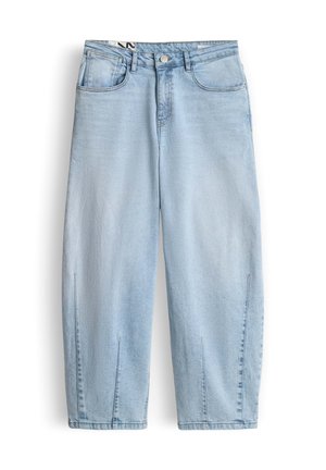 Light blue wide-leg jeans with front pockets, button closure, and small front leg slits at the hem on a white background.