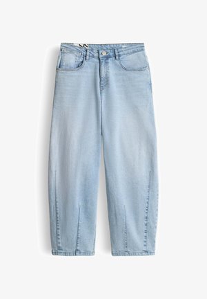 Light blue wide-leg jeans with front pockets, button closure, and small front leg slits at the hem on a white background.