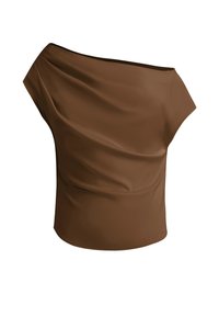 Braunes Top mit schulterfreiem Design aus fließendem Stoff und glatter Textur. Verfügt über eine lockere Passform und ein asymmetrisches Design, das für verschiedene Anlässe geeignet ist.