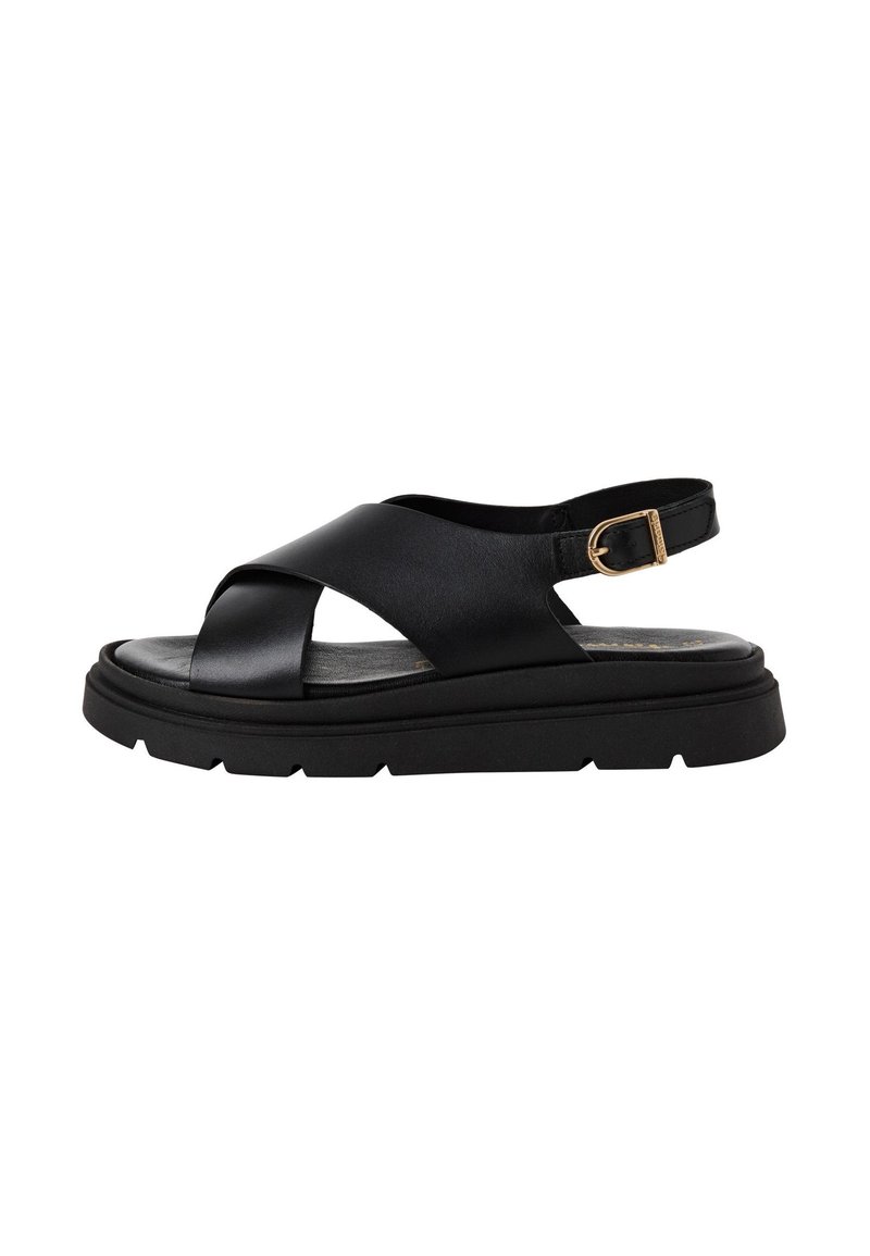 Sandale negre din piele cu un design cu barete încrucișate, curea reglabilă pentru glezne și o talpă groasă din cauciuc cu un finisaj texturat.