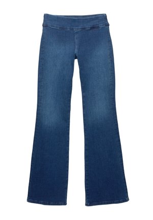 Dunkelblaue Schlagjeans aus Denim mit weitem Bund und glatter Oberfläche, klassischem Fünf-Taschen-Design und genähten Säumen.