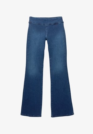 Jeans en denim évasés de couleur bleu foncé, avec une taille large et une texture lisse, dotés d'un design classique à cinq poches et d'ourlets cousus.