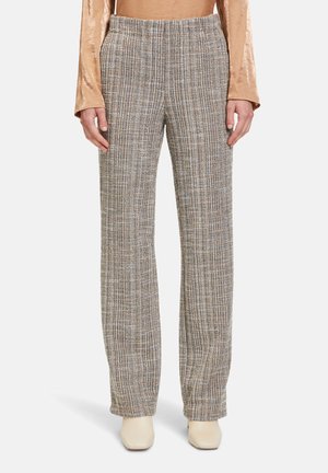 Woven, wide-leg trousers in a brown, white, and blue check pattern; features a high waist and a textured fabric finish.