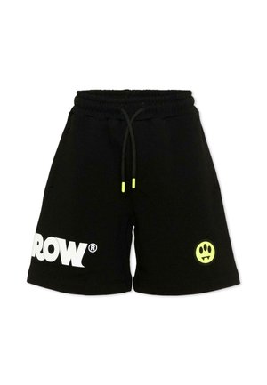 Pantaloncini con vita elasticizzata nera con coulisse nera con punte giallo neon, testo bianco "ROW®" sulla gamba sinistra e faccina sorridente giallo neon sulla gamba destra.