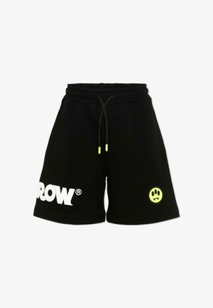 Pantaloncini con vita elasticizzata nera con coulisse nera con punte giallo neon, testo bianco "ROW®" sulla gamba sinistra e faccina sorridente giallo neon sulla gamba destra.