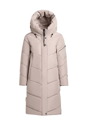 Pikk beige polsterdatud talvekapp suure kapuutsiga, ees lukuga, nööbid ja tõmbluku taskuga varrukas, disainitud sooja ja stiili jaoks.