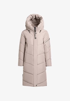 Dolga bež podložena zimska jakna z velikim kapuco, sprednjim zadrgo, pritisnimi gumbi in žepom z zadrgo na rokavu, zasnovana za toploto in slog.