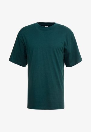 Dunkelgrünes Baumwoll-T-Shirt mit kurzen Ärmeln, Rundhalsausschnitt und lässiger Passform. Glatte Textur ohne sichtbare Muster oder Verzierungen.