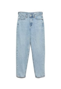 Gaiši zilas džinsa bikses ar augstu jostasvietu, priekšējām kabatām, jostas cilpām, pogu aizdari un šaurākām kāju daļām uz balta fona.