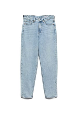 Gaiši zilas džinsa bikses ar augstu jostasvietu, priekšējām kabatām, jostas cilpām, pogu aizdari un šaurākām kāju daļām uz balta fona.