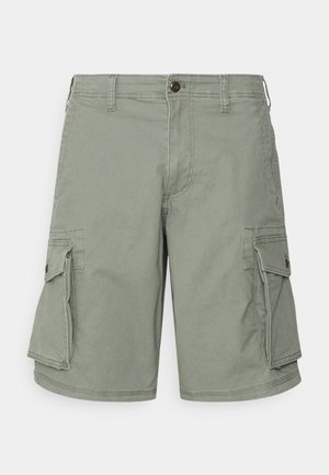 Jasnozielone krótkie spodenki cargo z dwiema dużymi bocznymi kieszeniami, zapięciem na guziki i szlufkami na pasek. Gładka faktura i długość do kolan.