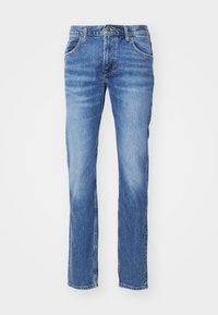 Blå denimjeans med rak passform, fem fickor, knappstängning och lätt blekta detaljer längs låren.