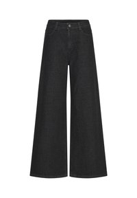 Jeans neri a gamba larga in denim con dettagli traforati, chiusura con bottone e due tasche laterali. Linea pulita e sartoriale.