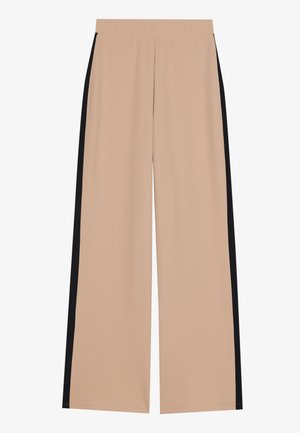 Beige wide-leg pants with a smooth texture, featuring black side stripes. The waistband is elastic for comfort and easy wear.