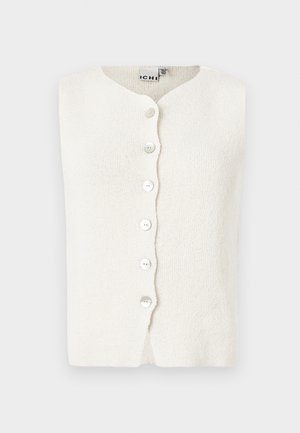 Gilet en tricot blanc avec un col rond, présentant cinq boutons sur le devant et une surface texturée. Sans manches ni coutures visibles.