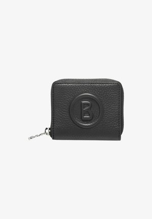 Black leather wallet featuring a textured finish, circular debossed logo, zip closure, and silver-tone hardware. Compact rectangular shape.